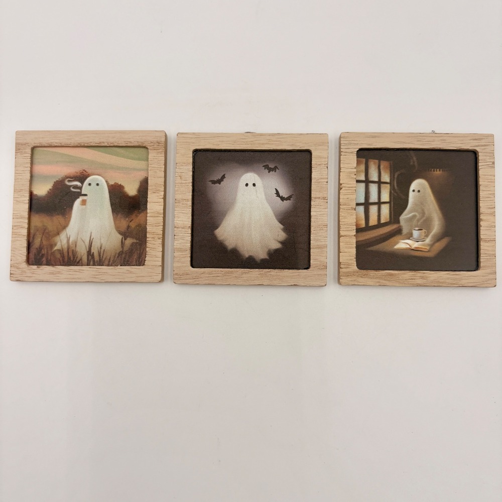 Bullseye Halloween Ghost Art Magnets Set of 3 Wood Frame Spooky Cozy Decor